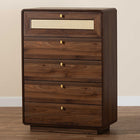 Baxton Studio Jenibelle Classic Walnut Brown Wood 5-Drawer Chest with Rattan Drawer