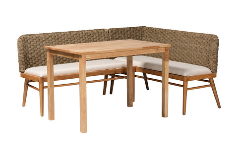 bali & pari Denver Modern Bohemian Natural Seagrass and Acacia Wood 3-Piece Dining Nook Set