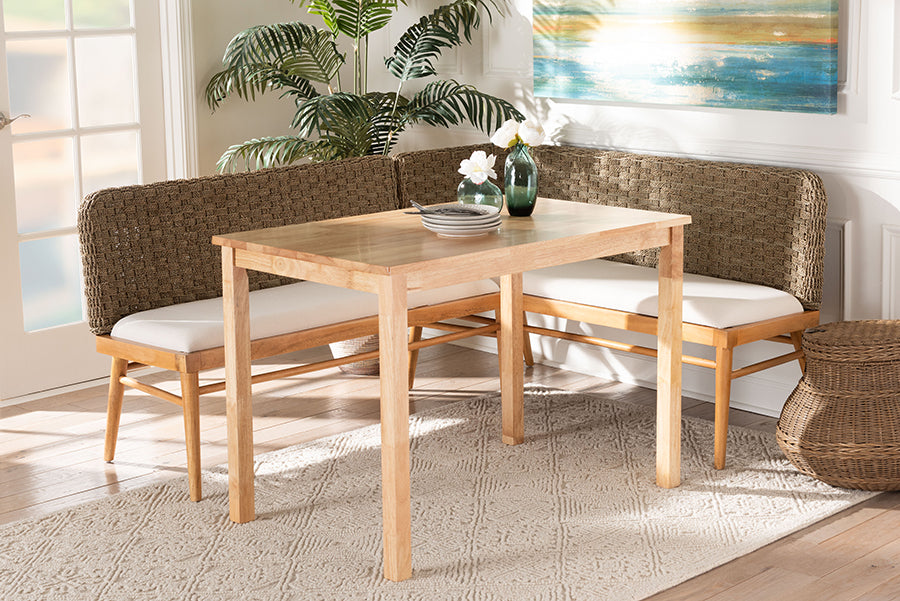 bali & pari Denver Modern Bohemian Natural Seagrass and Acacia Wood 3-Piece Dining Nook Set