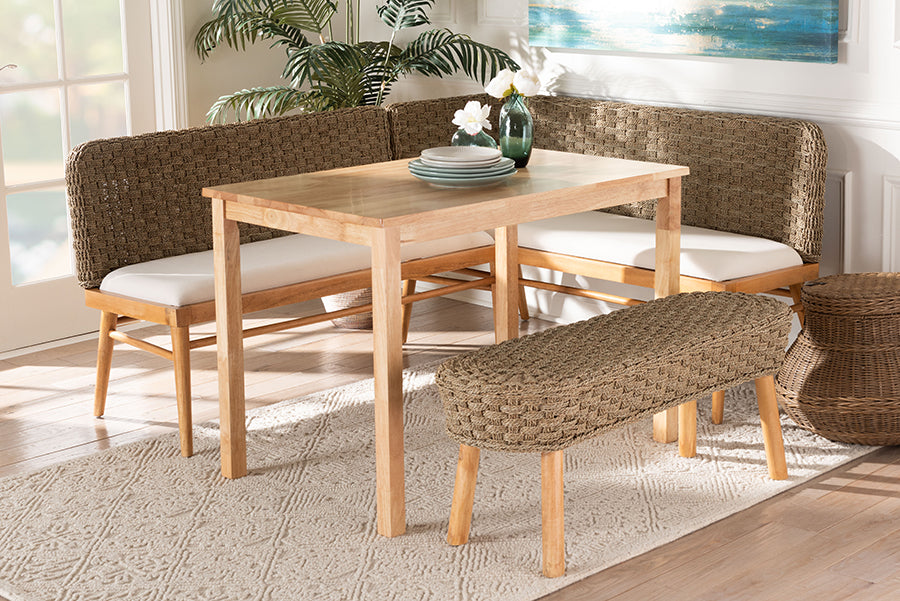 bali & pari Denver Modern Bohemian Natural Seagrass and Acacia Wood 4-Piece Dining Nook Set