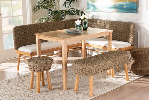 bali & pari Denver Modern Bohemian Natural Seagrass and Acacia Wood 5-Piece Dining Nook Set