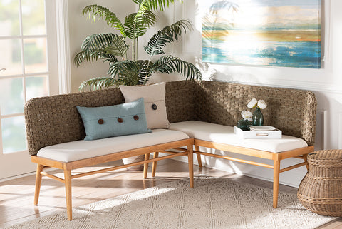 bali & pari Denver Modern Bohemian Natural Seagrass and Acacia Wood 2-Piece Dining Nook Banquette Set