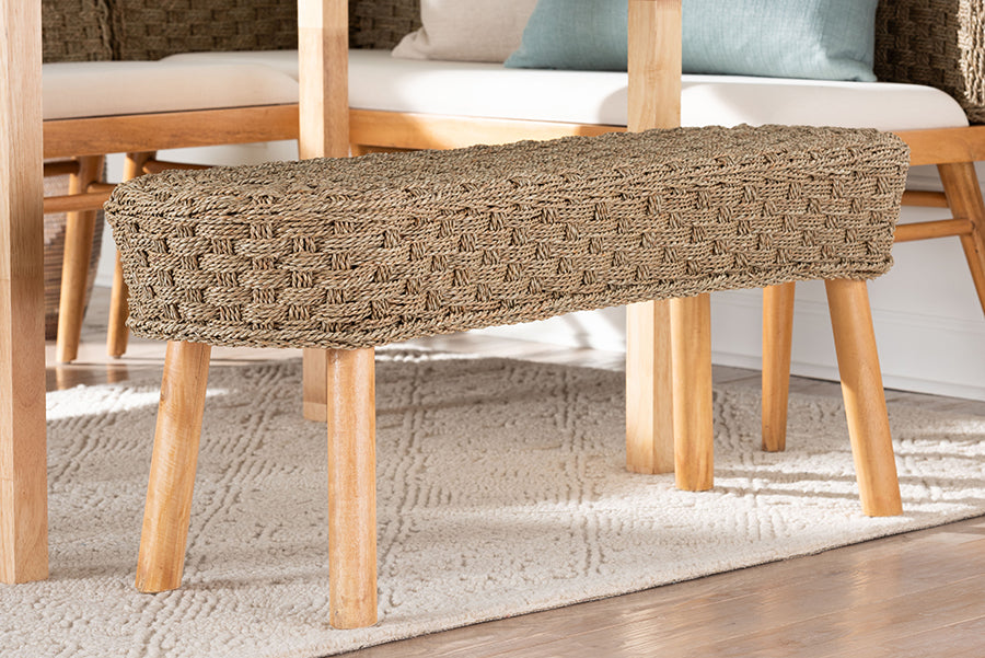 bali & pari Denver Modern Bohemian Natural Seagrass and Acacia Wood Accent Bench