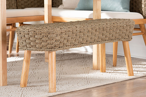 bali & pari Denver Modern Bohemian Natural Seagrass and Acacia Wood Accent Bench