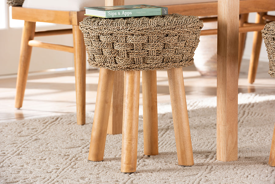 bali & pari Denver Modern Bohemian Natural Seagrass and Acacia Wood Stool