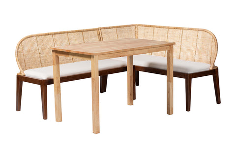 bali & pari Okinawa 3-Piece Dining Nook Set - L-Shaped Rattan Corner Benches with Cushions and Solid Wood Rectangular Table, Boho Coastal Breakfast Banquette for Kitchen or Dining Area