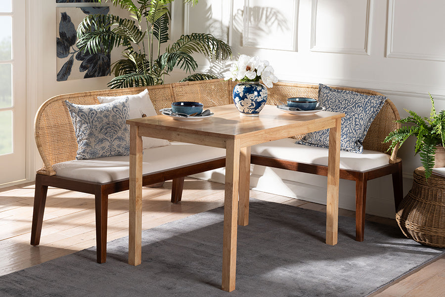 bali & pari Okinawa 3-Piece Dining Nook Set - L-Shaped Rattan Corner Benches with Cushions and Solid Wood Rectangular Table, Boho Coastal Breakfast Banquette for Kitchen or Dining Area