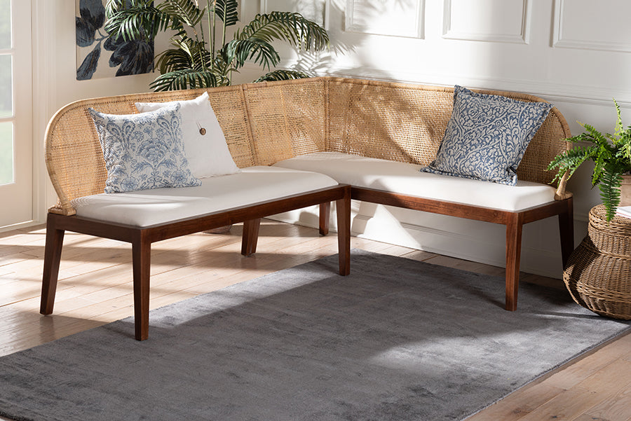bali & pari Okinawa 2-Piece Corner Bench Set with Cushion - L-Shaped Dining Nook Seating with Acacia Wood Base and Natural Rattan Backrest, Boho Coastal Style Banquette for Kitchen or Breakfast Area