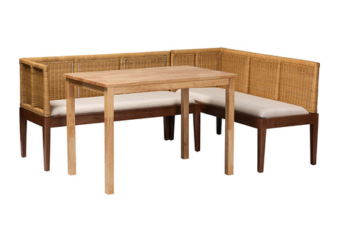 bali & pari Tabanan Modern Bohemian Natural Brown Rattan and Brown Acacia Wood 3-Piece Dining Nook set