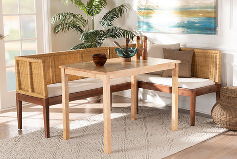 bali & pari Tabanan Modern Bohemian Natural Brown Rattan and Brown Acacia Wood 3-Piece Dining Nook set