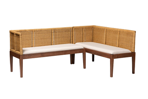 bali & pari Tabanan Modern Bohemian Nautral Brown Rattan and Brown Acacia Wood 2-Piece Dining Nook Banquette Set