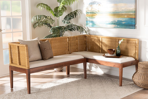 bali & pari Tabanan Modern Bohemian Nautral Brown Rattan and Brown Acacia Wood 2-Piece Dining Nook Banquette Set