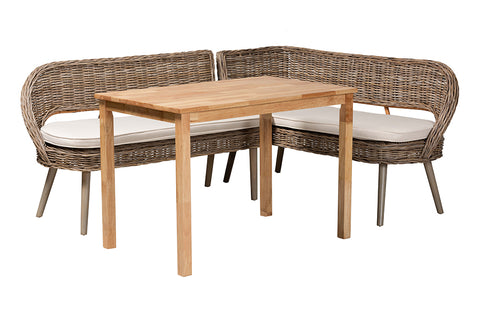 Baxton Studio Raisa Modern Bohemian Natural Kubu Rattan Bench and Wood Table 3-Piece Dining Nook Set