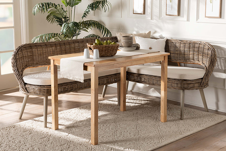 Baxton Studio Raisa Modern Bohemian Natural Kubu Rattan Bench and Wood Table 3-Piece Dining Nook Set
