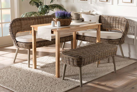 Baxton Studio Raisa Modern Bohemian Natural Kubu Rattan Bench and Wood Table 4-Piece Dining Nook Set
