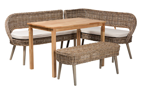 Baxton Studio Raisa Modern Bohemian Natural Kubu Rattan Bench and Wood Table 4-Piece Dining Nook Set