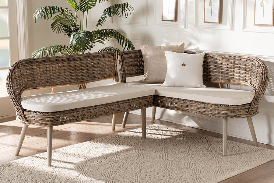 bali & pari Raisa Modern Bohemian Natural Kubu Rattan and Grey Acacia Wood 2-Piece Dining Nook Banquette Set
