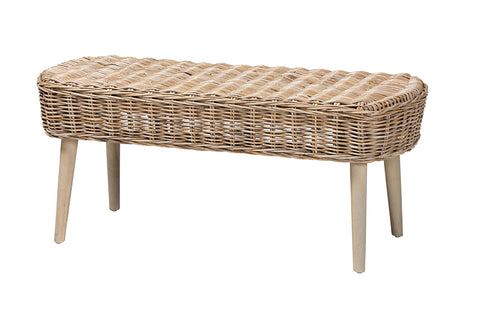 bali & pari Raisa Modern Bohemian Natural Kubu Rattan and Grey Acacia Wood Accent Bench