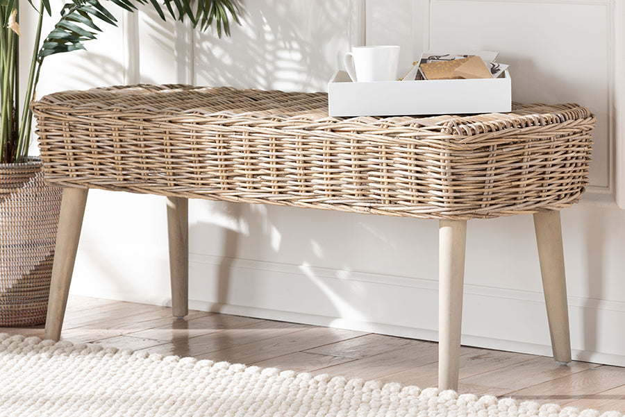 bali & pari Raisa Modern Bohemian Natural Kubu Rattan and Grey Acacia Wood Accent Bench