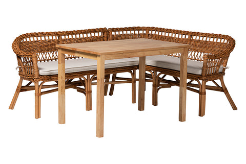 Baxton Studio Nella Modern Bohemian Natural Brown Finished Wood and Rattan 3-Piece Dining Nook Set
