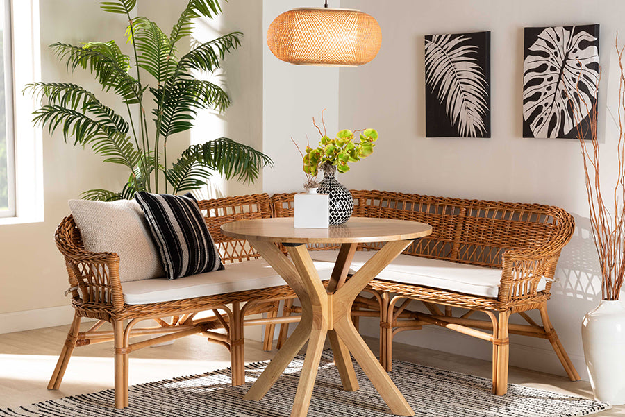 bali & pari Nella Modern Bohemian Natural Brown Rattan 2-Piece Dining Nook Banquette Set