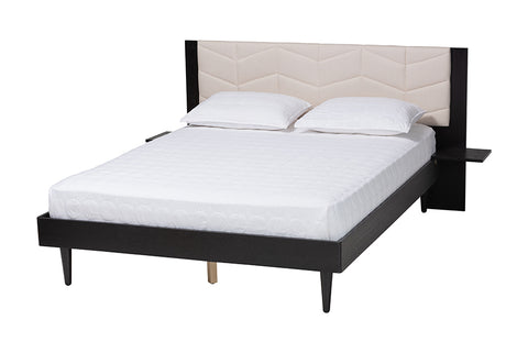 Baxton Studio Adriano Transitional Beige Fabric and Black Wood Queen Size Bed with Built-In Side Tables
