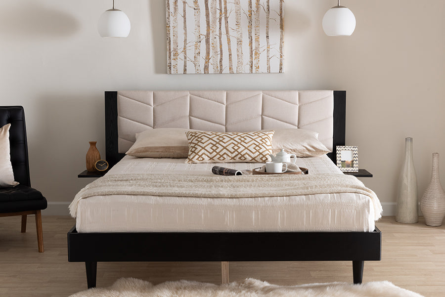 Baxton Studio Adriano Transitional Beige Fabric and Black Wood Queen Size Bed with Built-In Side Tables