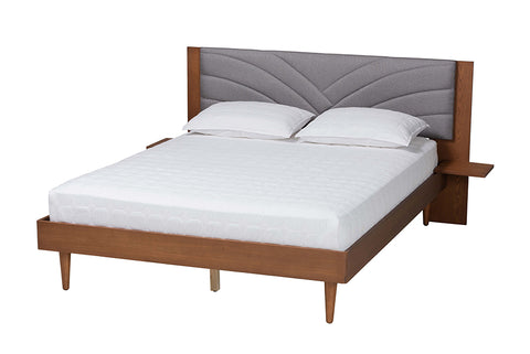 Baxton Studio Hemera Mid-Century Modern Grey Fabric and Walnut Brown Wood King Size Platform Bed With Floating Side Table