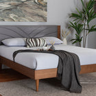 Baxton Studio Hemera Mid-Century Modern Grey Fabric and Walnut Brown Wood Queen Size Platform Bed With Floating Side Table