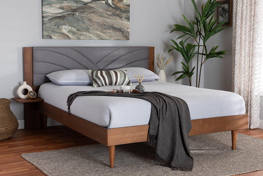 Baxton Studio Hemera Mid-Century Modern Grey Fabric and Walnut Brown Wood King Size Platform Bed With Floating Side Table