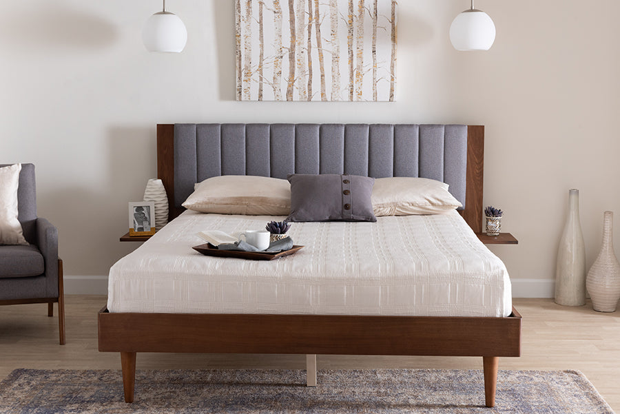 Baxton Studio Kalista Transitional Modern Grey Fabric and Walnut Brown Wood Queen Size Bed with Built-In Side Tables