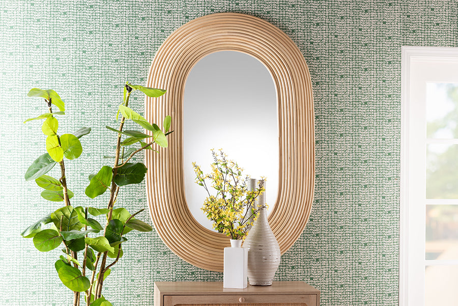 bali & pari Drucilla Modern Bohemian Natural Brown Rattan Oval Accent Wall Mirror