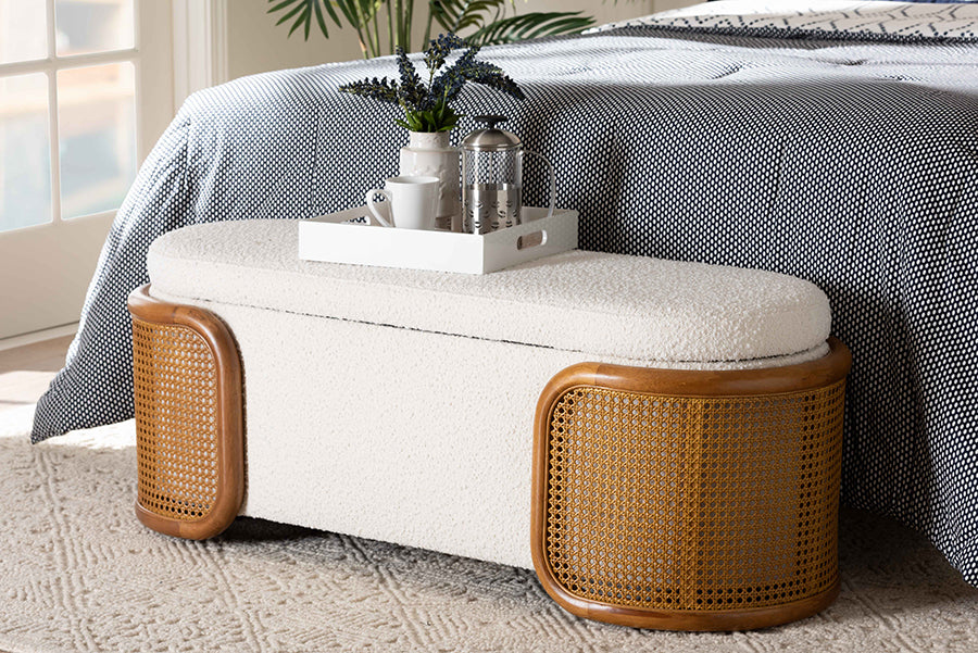 Baxton Studio Basira Japandi Cream Boucle Fabric Storage Bench with Woven Rattan