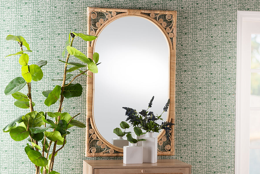 bali & pari Isley Modern Bohemian Natural Brown Rattan Accent Wall Mirror