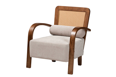 Baxton Studio Sage Modern Japandi Light Grey Fabric and Walnut Brown Finished Wood Arm Chair with Woven Rattan
