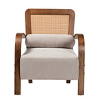 Baxton Studio Sage Modern Japandi Light Grey Fabric and Walnut Brown Finished Wood Arm Chair with Woven Rattan