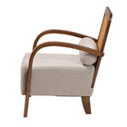Baxton Studio Sage Modern Japandi Light Grey Fabric and Walnut Brown Finished Wood Arm Chair with Woven Rattan