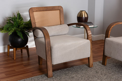 Baxton Studio Sage Modern Japandi Light Grey Fabric and Walnut Brown Finished Wood Arm Chair with Woven Rattan