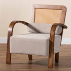 Baxton Studio Sage Modern Japandi Light Grey Fabric and Walnut Brown Finished Wood Arm Chair with Woven Rattan