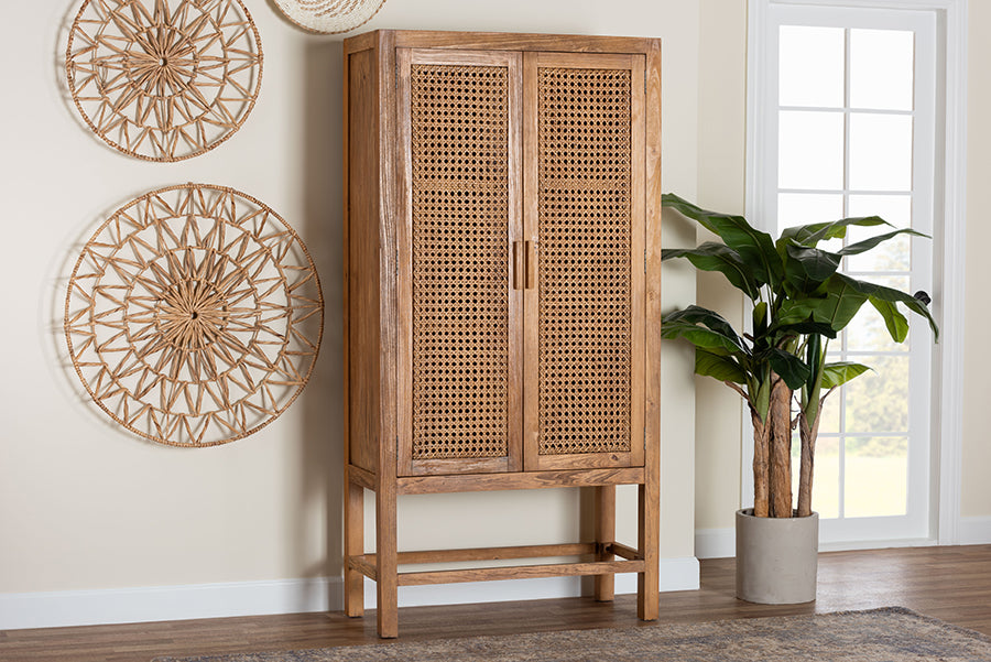 bali & pari Sibu Bohemian Natural Rattan and Teak Wood Tall Cabinet