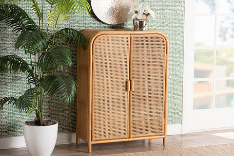 bali & pari Curacao Modern Bohemian Light Honey Rattan 2-Door Storage Cabinet