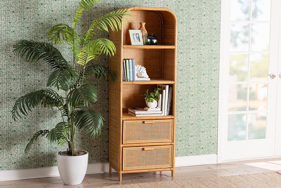 bali & pari Curacao Modern Bohemian Light Honey Rattan 2-Drawer Bookcase