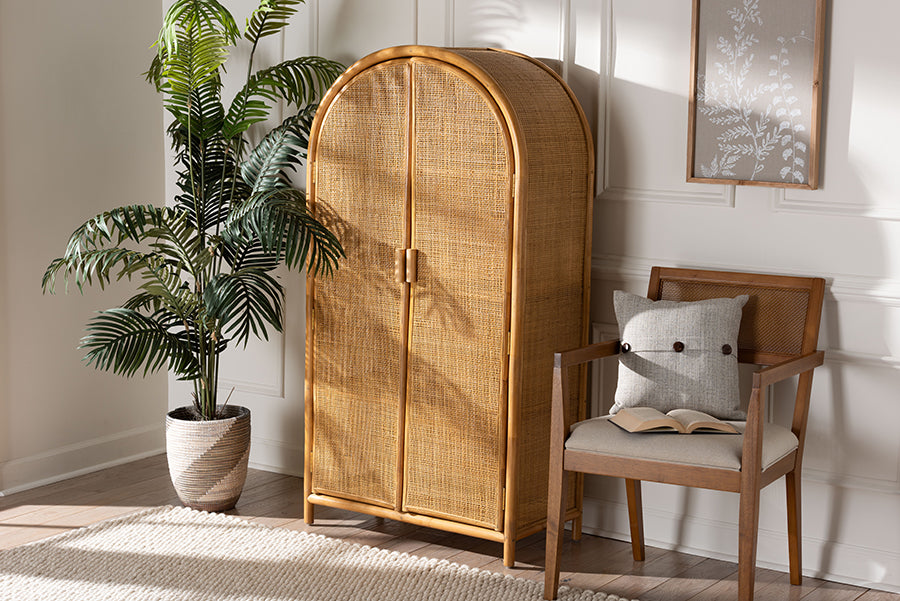 bali & pari Paloma Modern Bohemian Light Honey Rattan Large Storage Cabinet