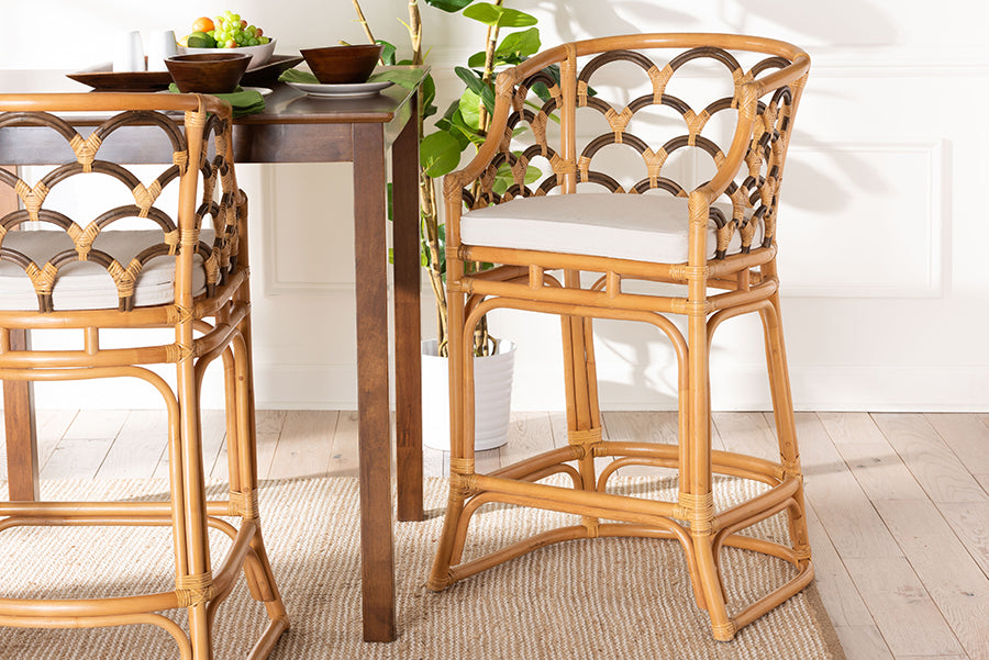 bali & pari Veneto Modern Bohemian Light Honey and Dark Brown Rattan Bar Stool