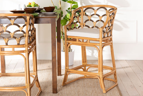 bali & pari Veneto Modern Bohemian Light Honey and Dark Brown Rattan Bar Stool