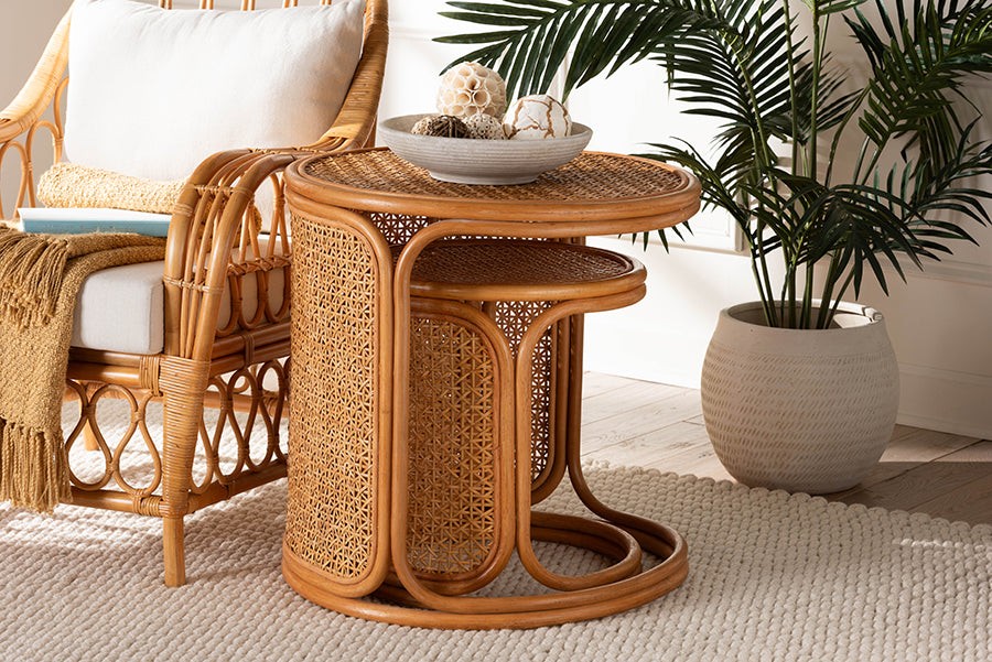 bali & pari Eldon Bohemian Honey Rattan 2-Piece Nesting End Table Set