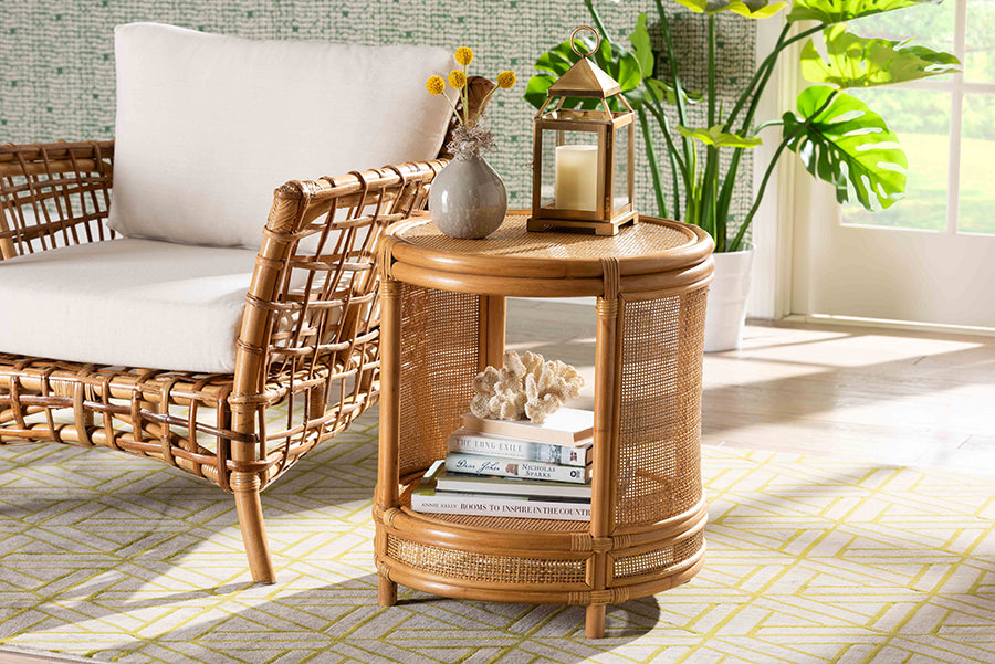 bali & pari Louis Modern Bohemian Natural Brown Rattan End Table