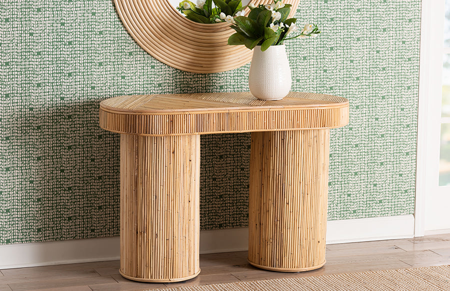 bali & pari Iryna Modern Bohemian Natural Rattan Console Table