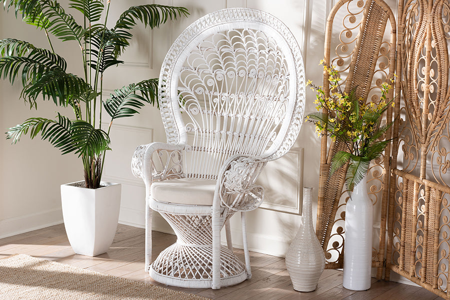 bali & pari Kallima Modern Bohemian White Natural Rattan Peacock Chair