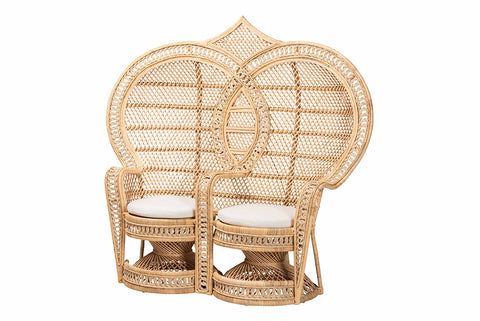 bali & pari Nerita Modern Bohemian Natural Brown Rattan Two-Seater Peacock Chair